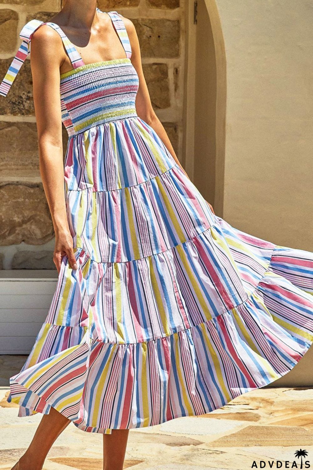 Striped Tie-Shoulder Smocked Tiered Dress