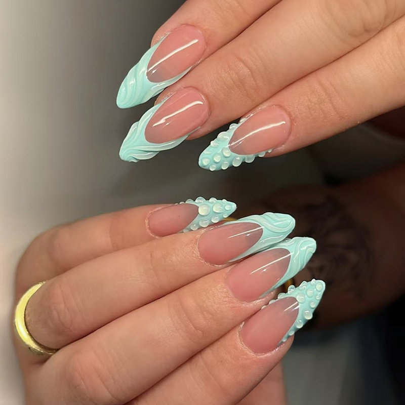 Qinice 24Pcs Sweet Short Almond French False Nails with Glue 3D Wave Nail Pattern Floral Pink Blush Press on Acrylic Nail Manicure Tips