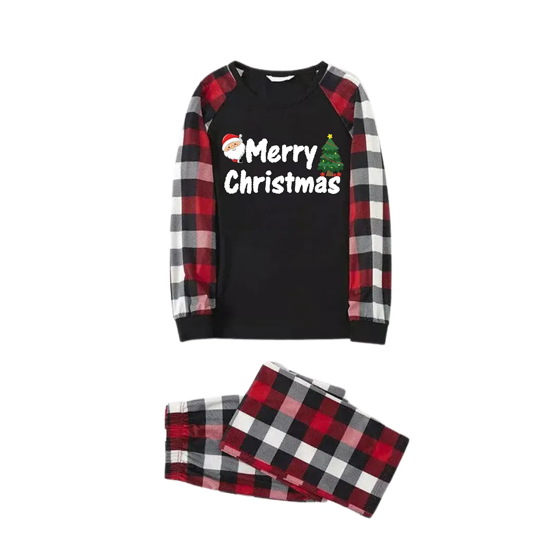 Cute 2024 and Santa Claus Prints Red & Black & Grey & White Plaid Family Matching Pajamas