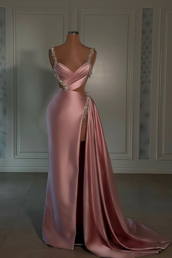 Pink Satin Sheath Spaghetti Straps Prom Dress With Detachable Train