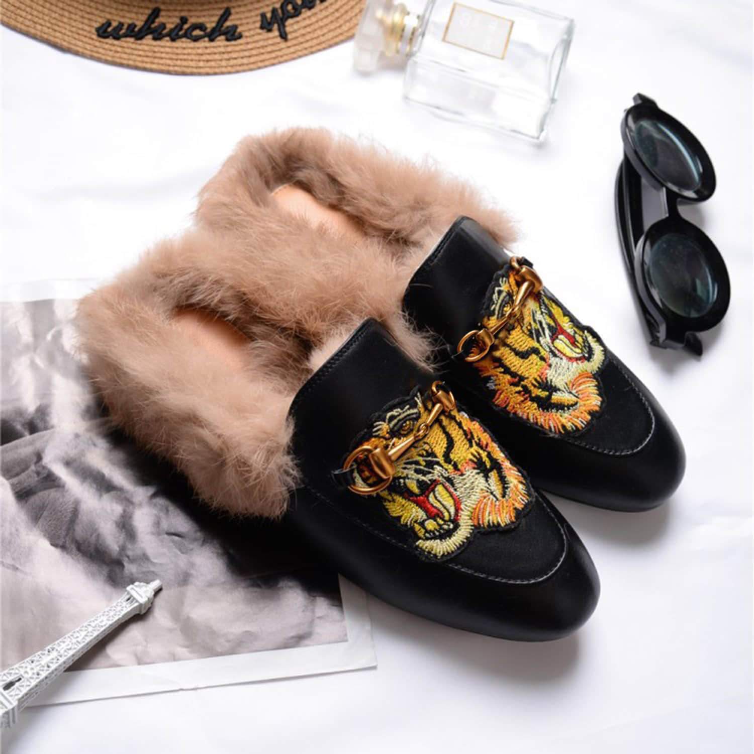 Black Tiger Pattern Rabbit Fur Flats Mules Shoes-vocosishoes