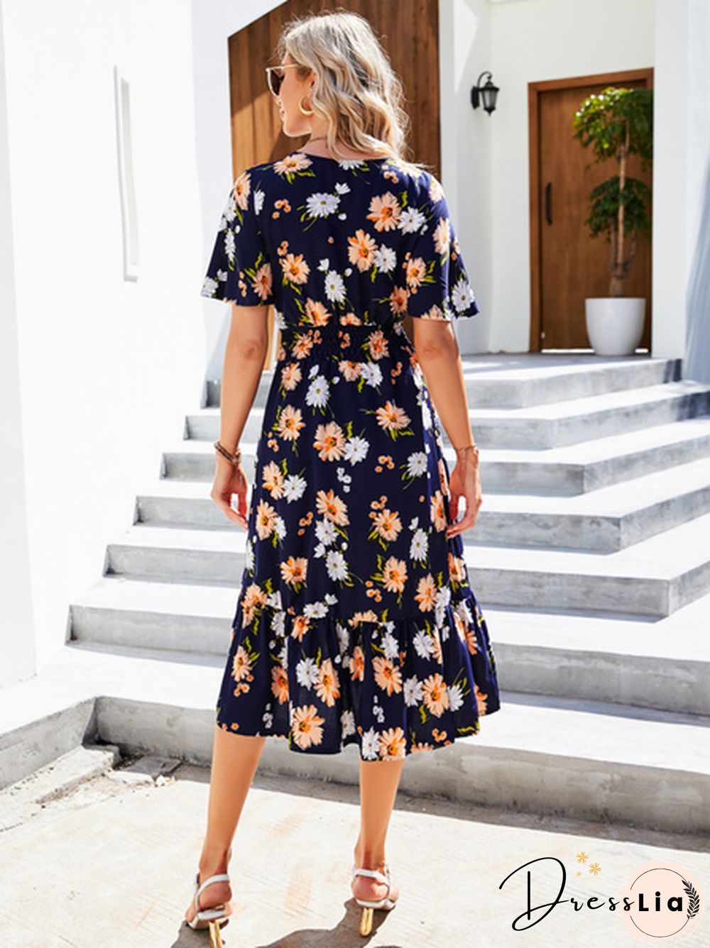 Disty Floral Smocked Elastic Waist Ruffle Hem Dress