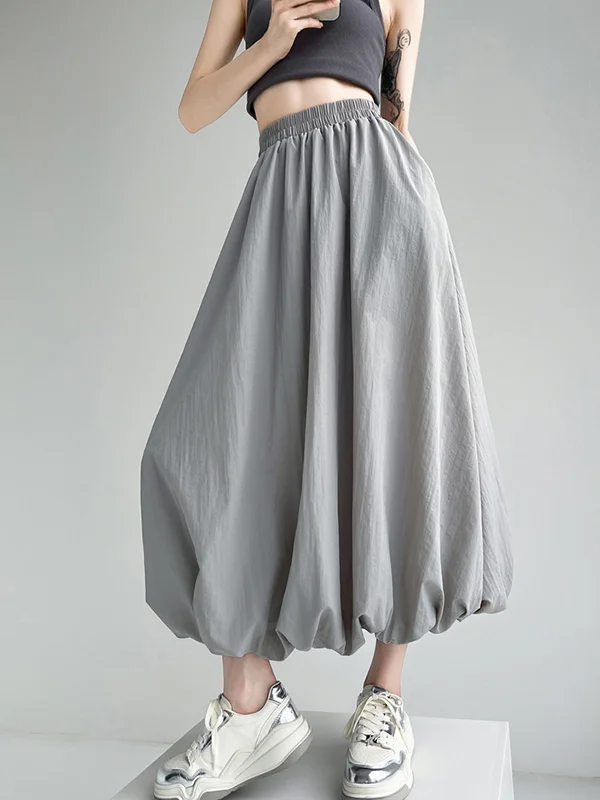 Elasticity Pleated Pockets Solid Color A-Line Loose Skirts Bottoms