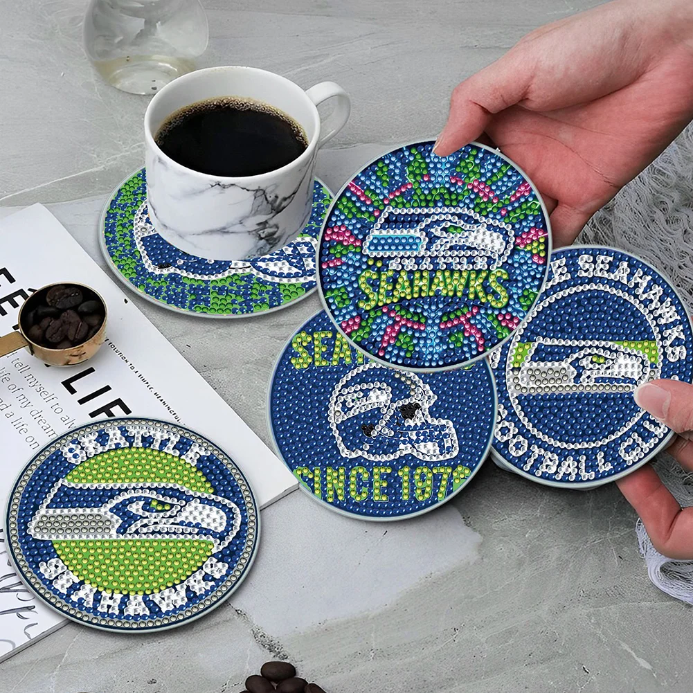 Seattle Seahawks 6pcs DIY Diamond Painting Acrylic Coasters Holder for Beginner Adult