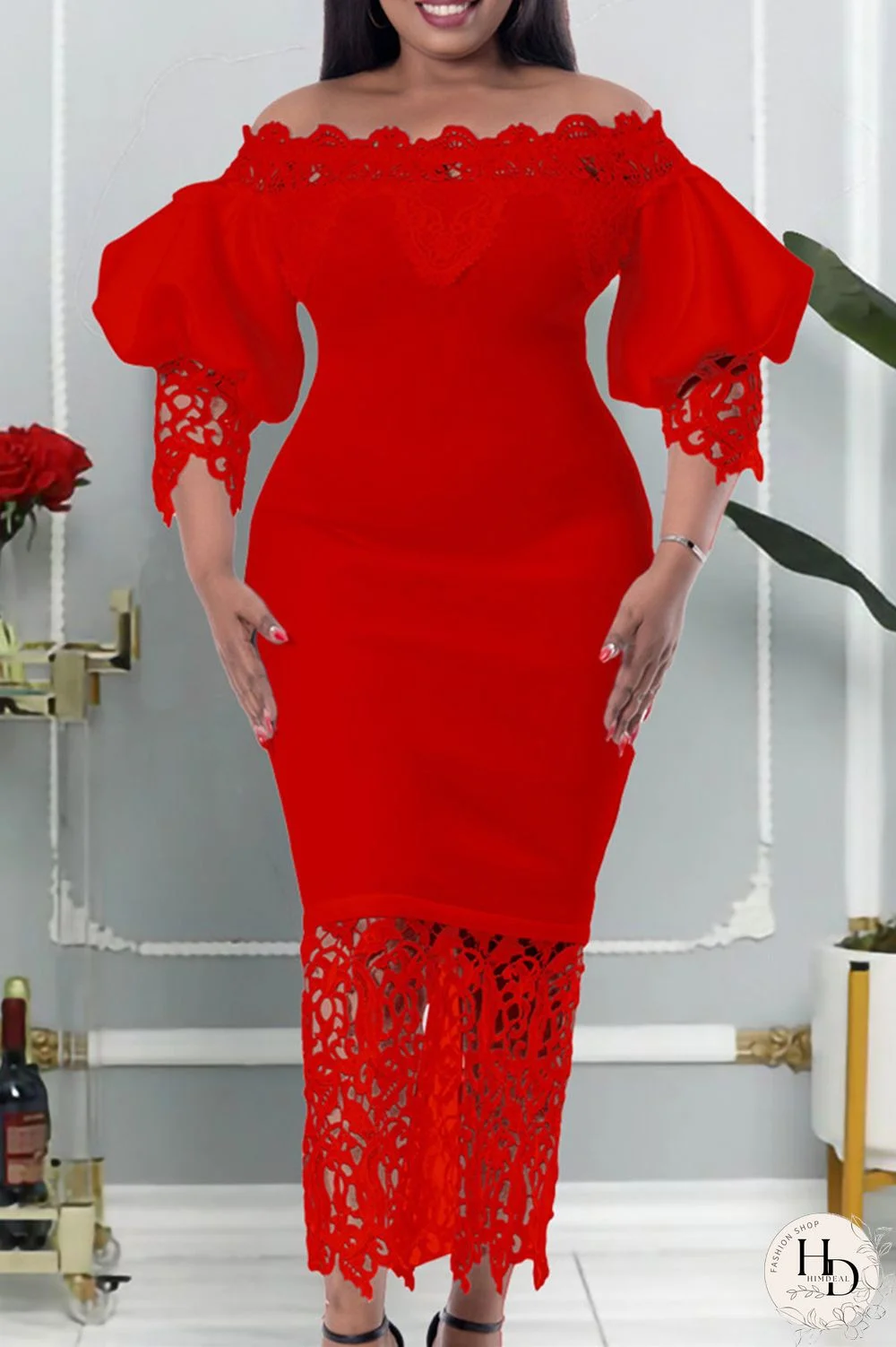 Red Fashion Casual Solid Patchwork Off the Shoulder Long Dress Dresses