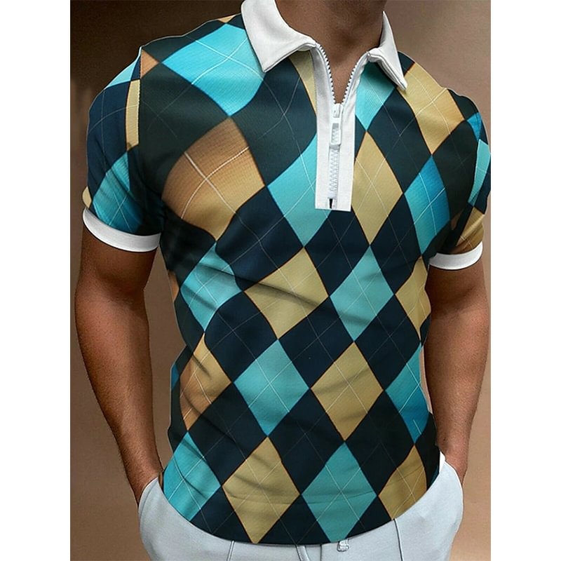 Golf Wear Casual Zipper Short Sleeve Plaid Men's Polo Shirts-VESSFUL
