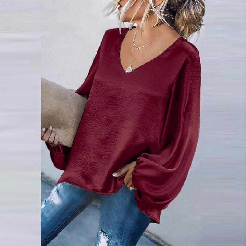 Casual Simple New V Neck Solid Color T-shirts Fashion Autumn Winter Long Sleeves Loose Pullover Top Office Lady Elegant T-shirts