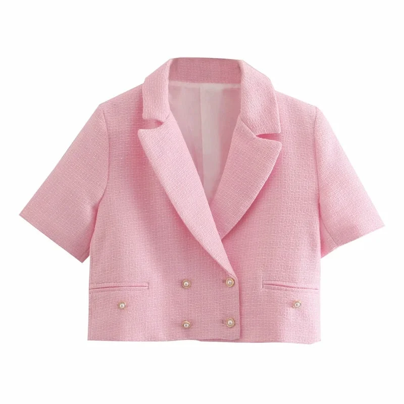 Stylish Chic Pink Shorts Suit Women 2021 Fashion Double Breasted Pockets Short Sleeve Texture Blazers Buttons Shorts Suits