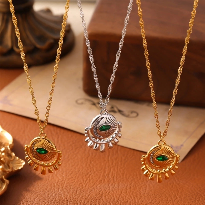 Retro Minimalist Round Eye 304 Stainless Steel Zircon 18K Gold Plated Inlay Pendant Necklace