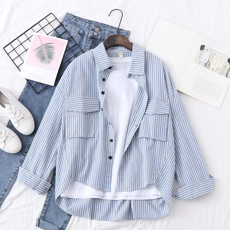 Women Striped Blouse Shirt Long Sleeve Irregular Blouse Loose Shirts Casual Tops Blouse et Chemisier Femme Blusas Mujer De Moda