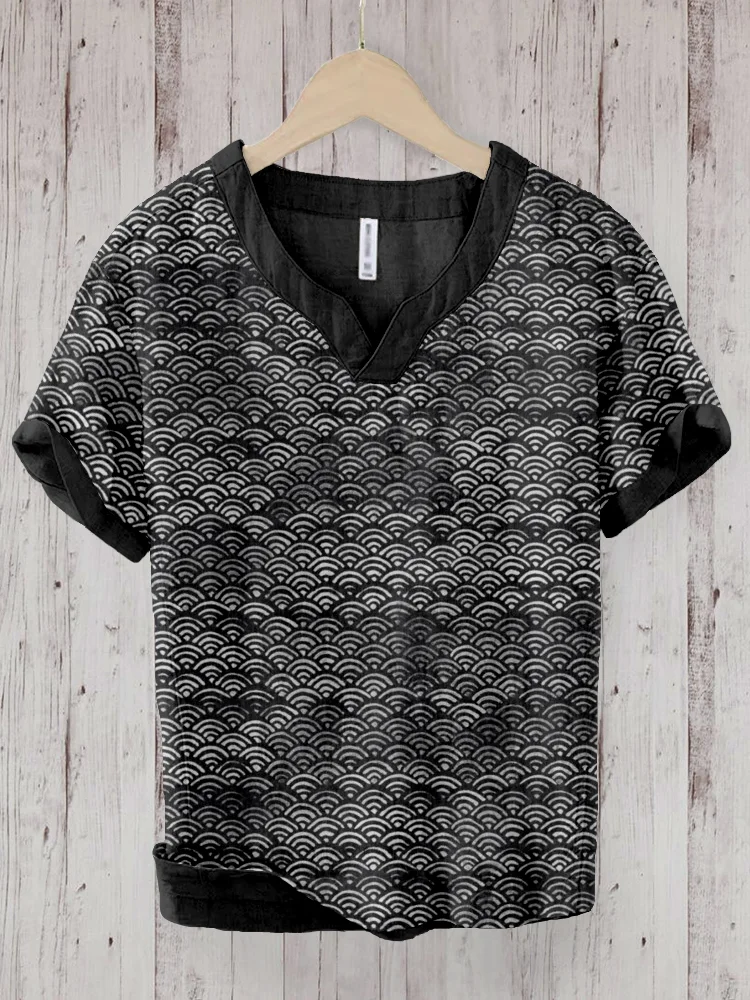 Japanese Waves Inspired Pattern Linen Blend Shirt