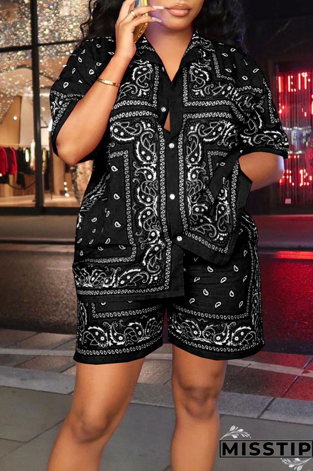 Yellow Casual Print Patchwork Buckle Turndown Collar Short Sleeve Two Pieces