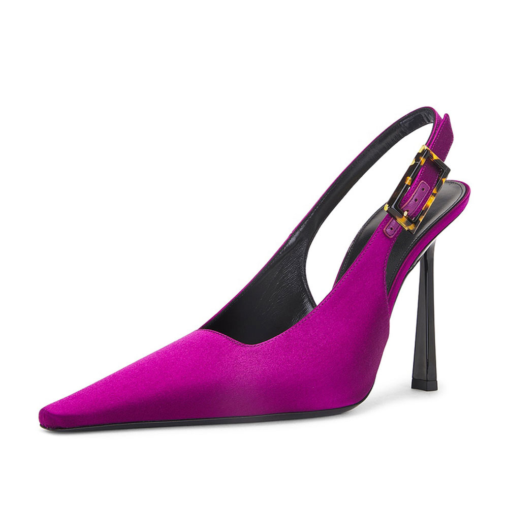 Elegant Purple Satin Pointed Toe Buckle Slingback Pumps Heels