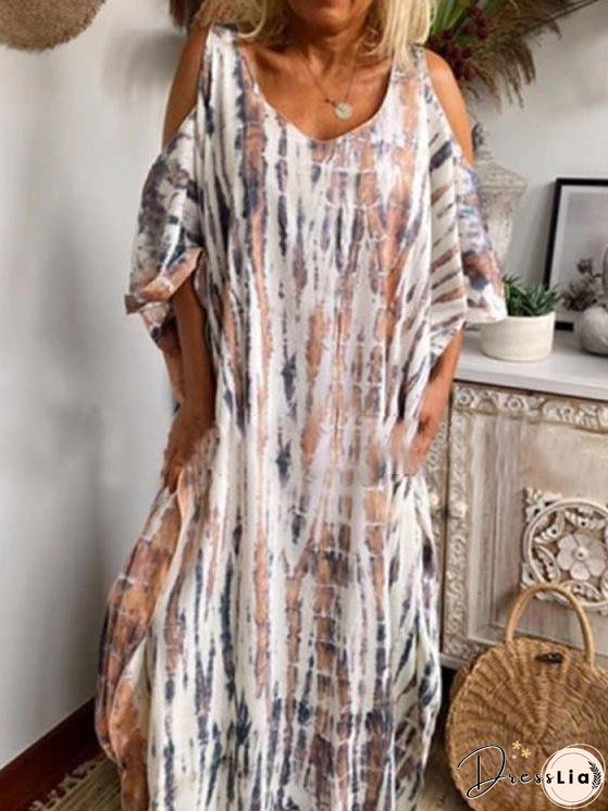 Women's Dresses Loose Tie-Dye Printed Off-The-Shoulder Long Sleeve Dress