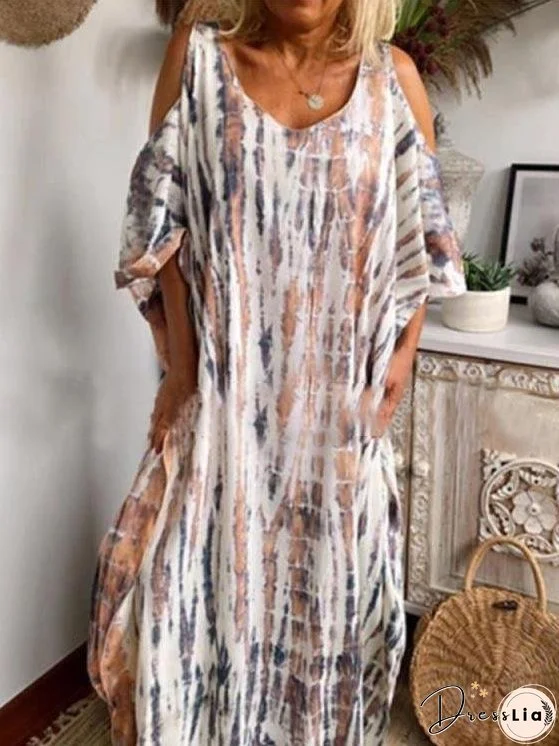Women's Dresses Loose Tie-Dye Printed Off-The-Shoulder Long Sleeve Dress