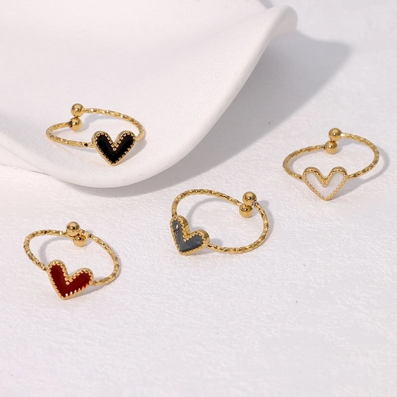 Cute Vintage Style Heart Shape 304 Stainless Steel 18K Gold Plated Enamel Open Rings