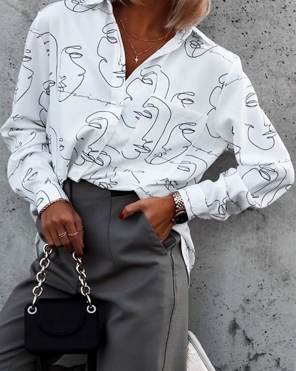 Casual Loose Print Lapel Long Sleeve Single Breasted Shirt Top