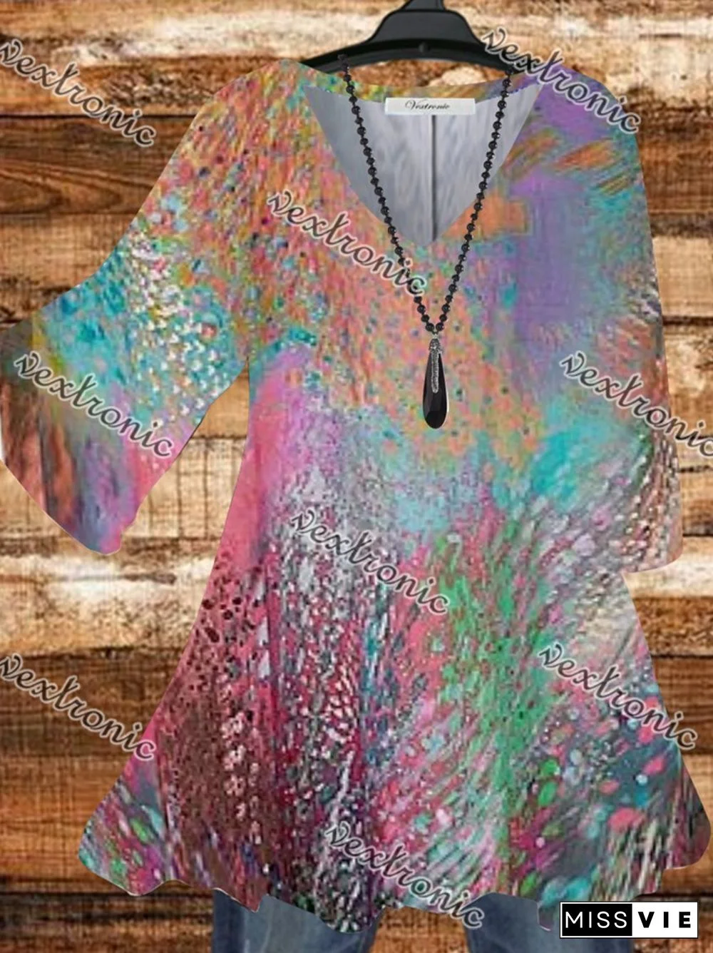 Women Half Sleeve V-neck Gradient Top