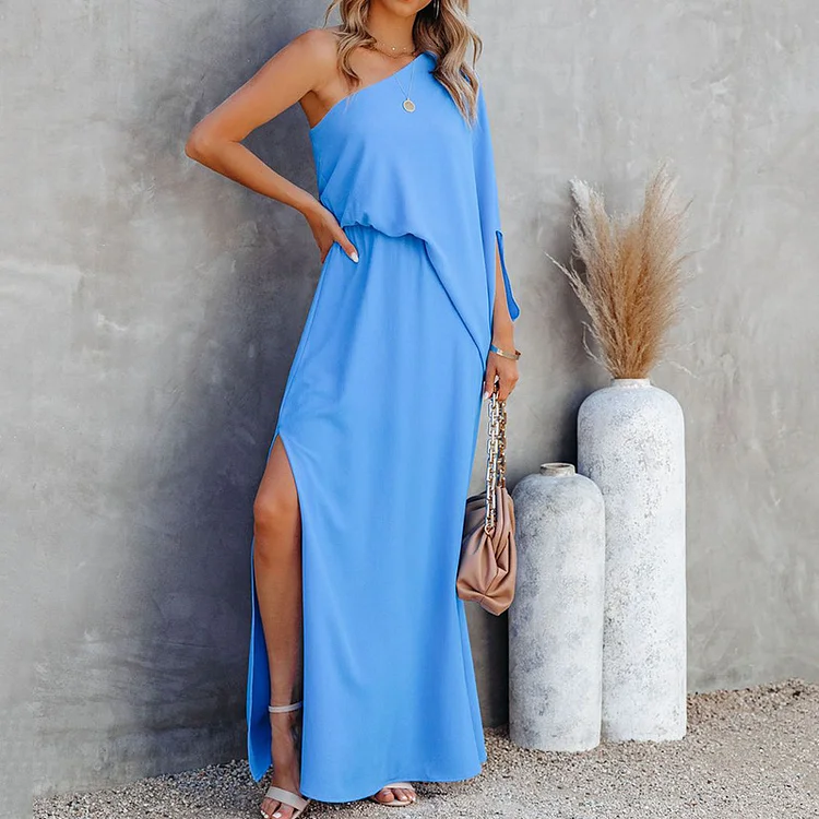 One Shoulder  Solid Color Maxi Dress