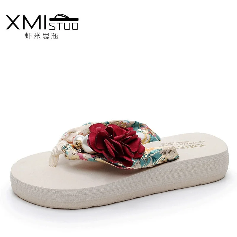 3cm High Heel Women's Beach Slippers for Women In Summer with Thick Heeled Sandals Flower Wedge Slippers  Women  house shoes