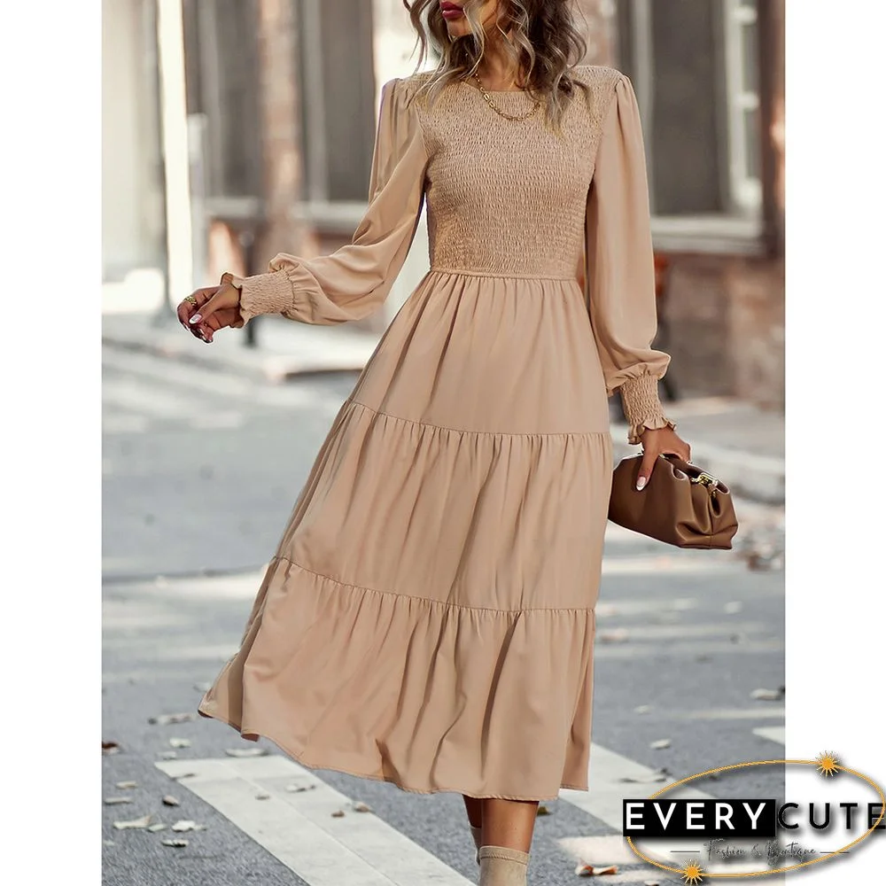 Khaki Crew Neck Smocked Swing Midi Dress