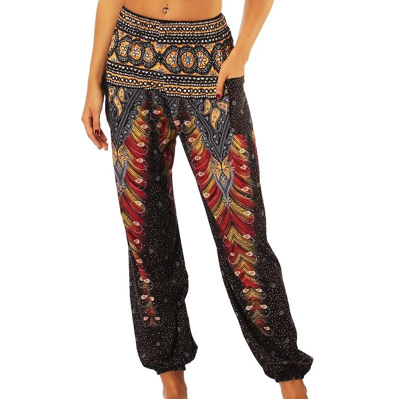 Pantaloni stil casual pentru plajă sau pentru yoga, cu elastic în talie și imprimeu în stil etnic