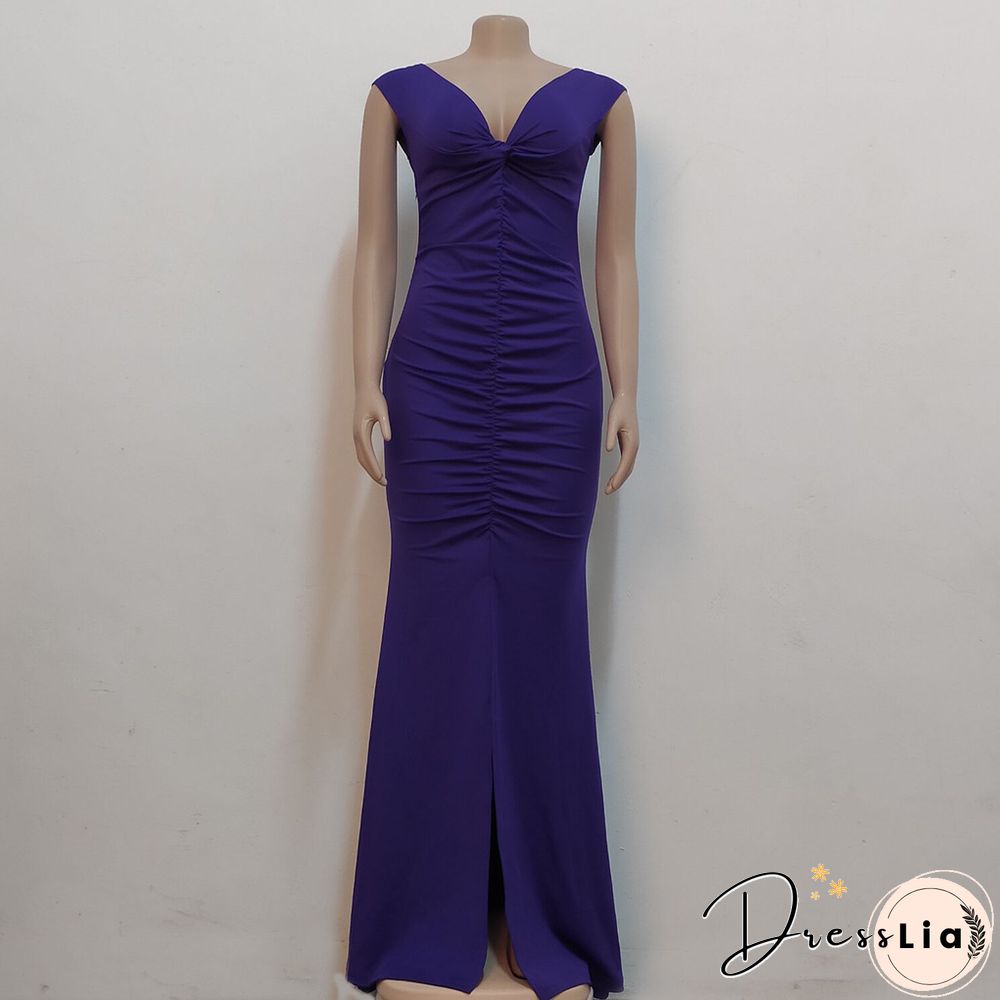 Low Cut Slash Neck Ruched Split Maxi Cocktail Dresses