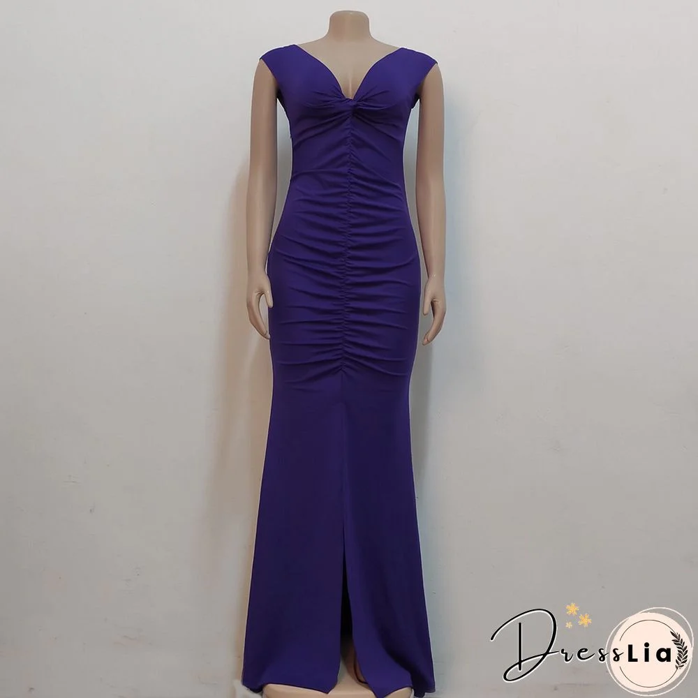 Low Cut Slash Neck Ruched Split Maxi Cocktail Dresses