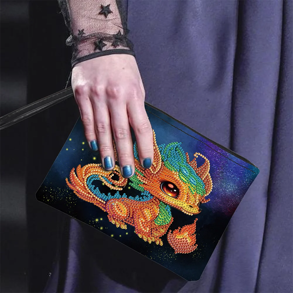 DIY Fire Dinosaur PU Partial Special Shaped Diamond Painting Wallet Makeup Bag