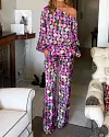 Polka Dot Print One Shoulder Long Sleeve Top & Pants Two Piece Set