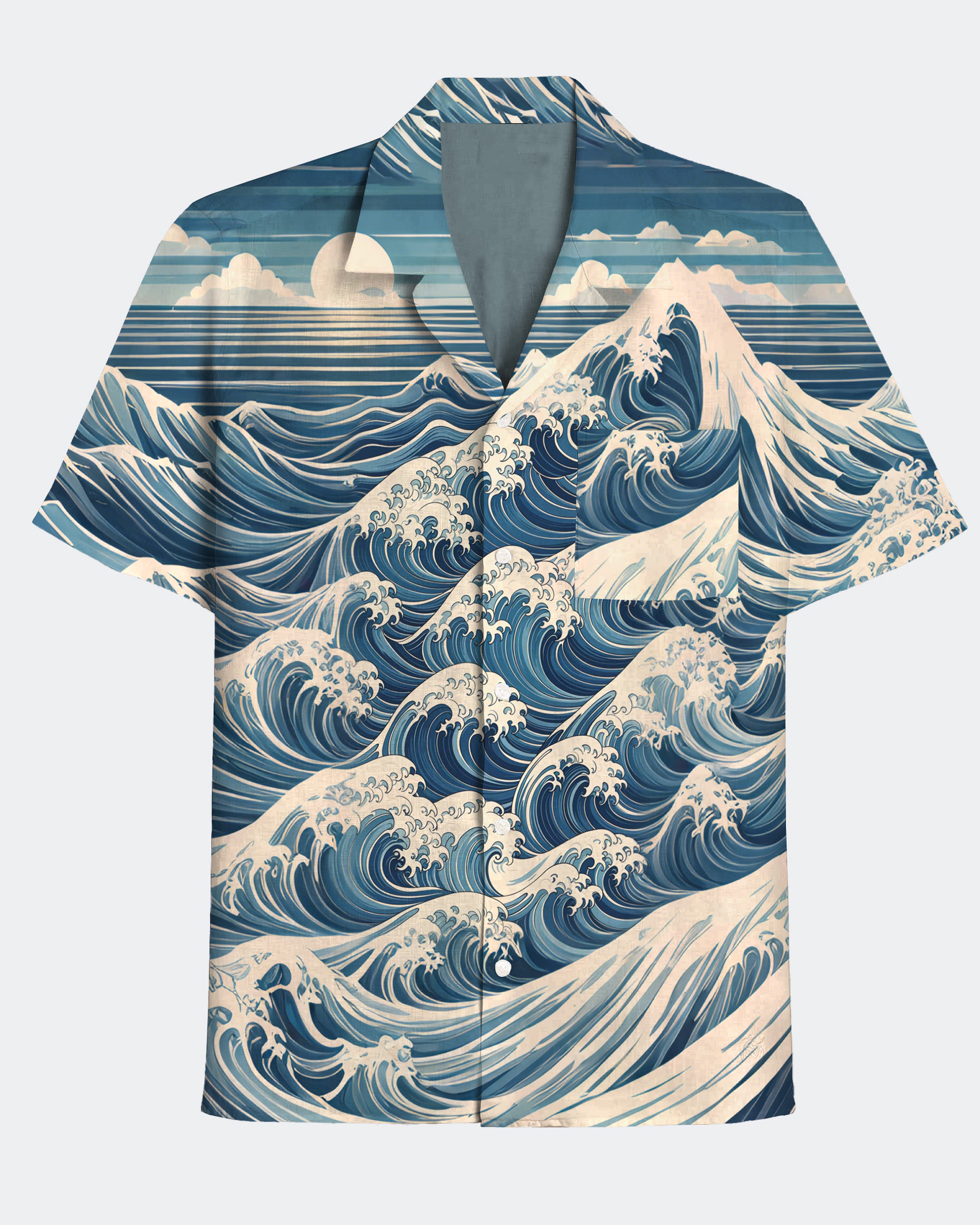 Men's Hawaiian Horizon Sunrise Waves Print Cuban Collar Pocket Short Sleeve Shirt