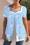 Plus Size Cross Strap Short Sleeve Floral Print Blouses