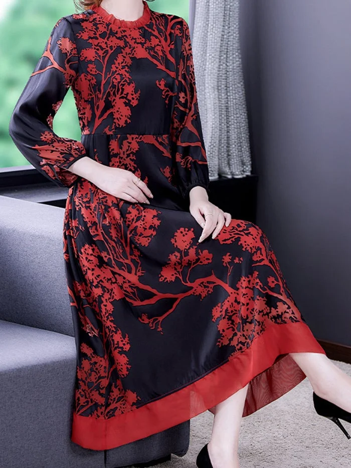 Fashion Mulberry Silk Red Jacquard Dress