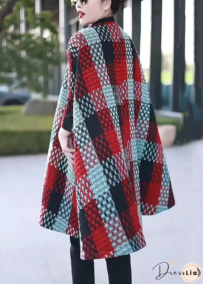 Red Button Patchwork Woolen Coat O Neck Bracelet Sleeve
