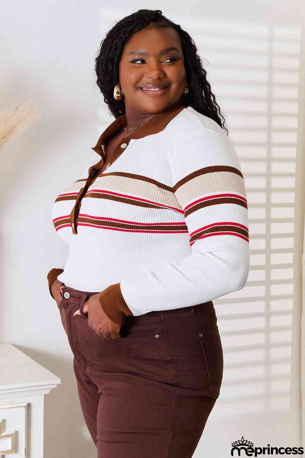 Basic Bae Striped Collared Neck Rib-Knit Top