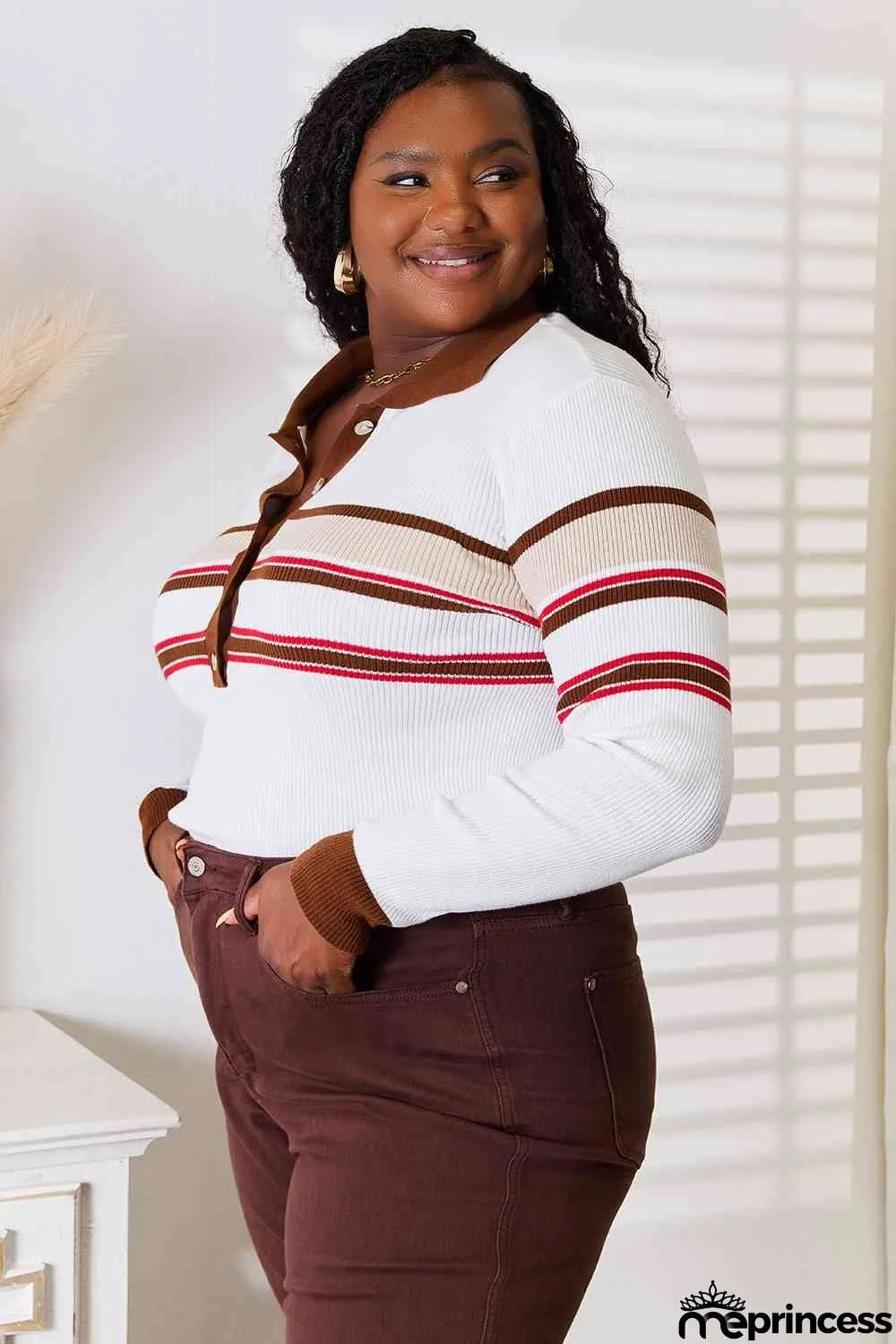 Basic Bae Striped Collared Neck Rib-Knit Top