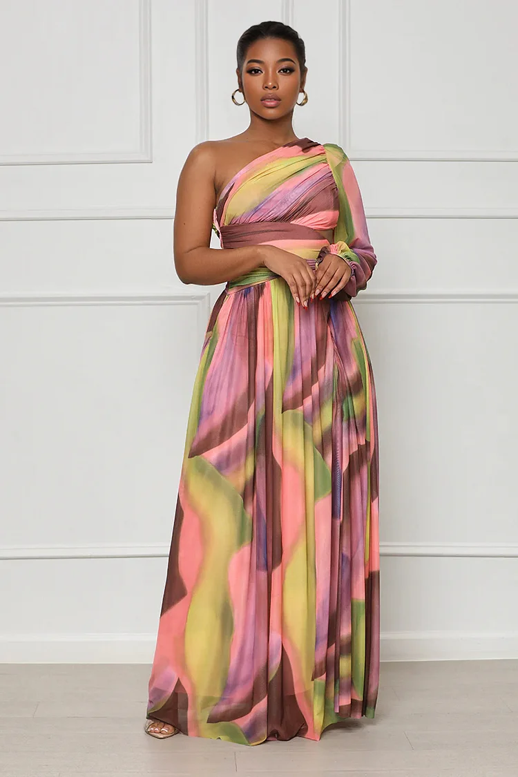 One Shoulder Single Sleeve Print Cinch Waist Pleated Gown Formal Party Maxi Dresses-Pink [Pre Order]