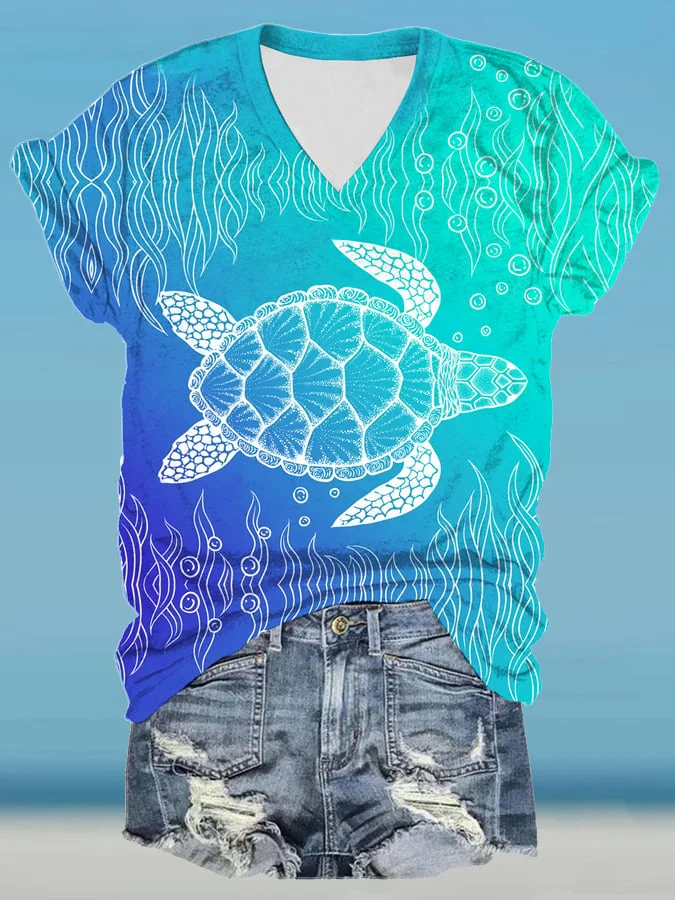 Sea Turtle Print Women's Short Sleeve V-Neck T-Shirt socialshop