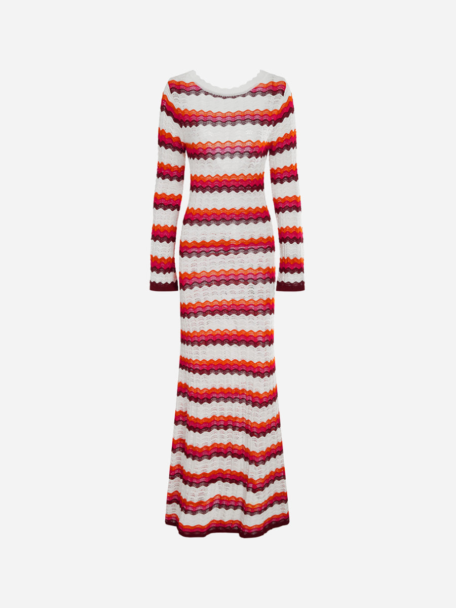 Knitting Flounce Sleeve Striped Maxi Dress