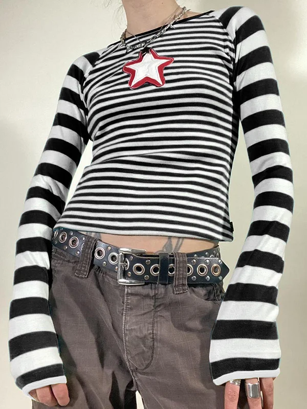 Trendy Casual Star Patched Stripes Color Block Sweatshirt