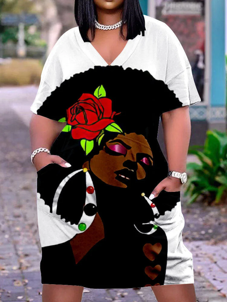 Plus Size V-Neck Short Sleeve Cute Black Girl Print Midi Dress