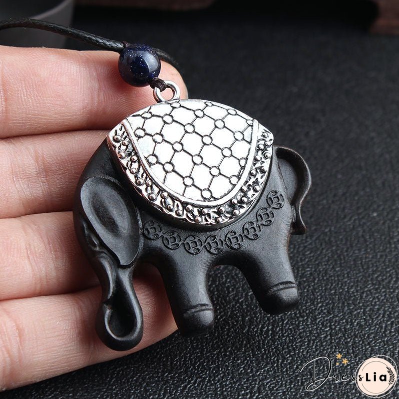 Versatile ethnic style retro black sandalwood elephant pendant with simple wax rope pendant