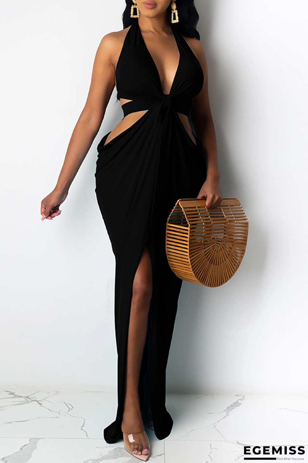 Black Sexy Solid Hollowed Out Halter Irregular Dress Dresses | EGEMISS