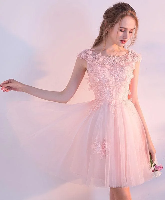Pink Lace Tulle Short Prom Dress, Lace Evening Dress