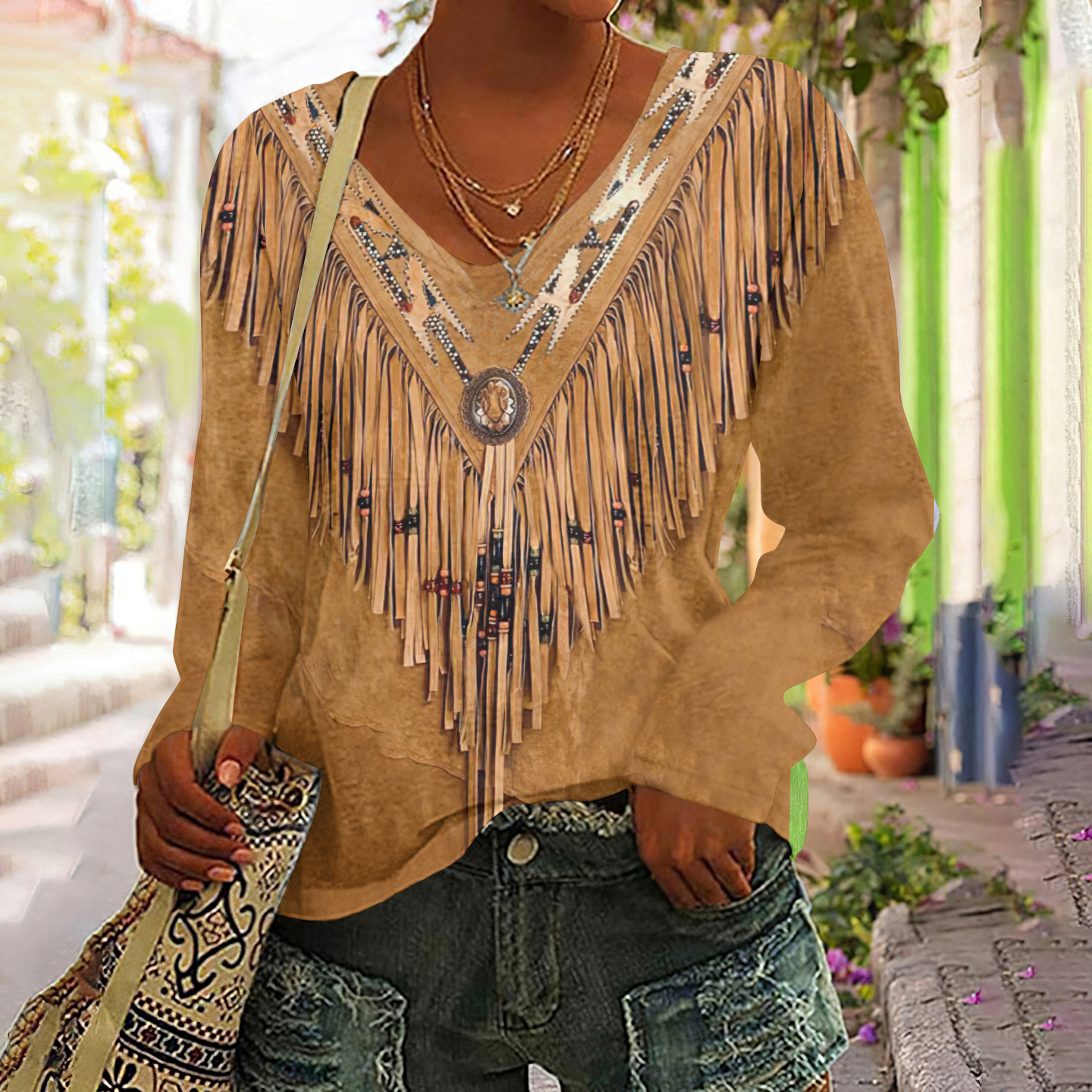Comstylish Vintage Tassels Art V Neck Casual Long Sleeve T-Shirt