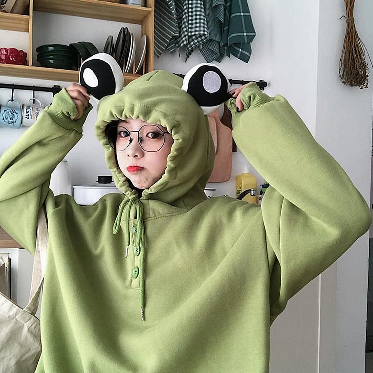 Frog Eyes Ears Button Loose Hoodie - Modakawa