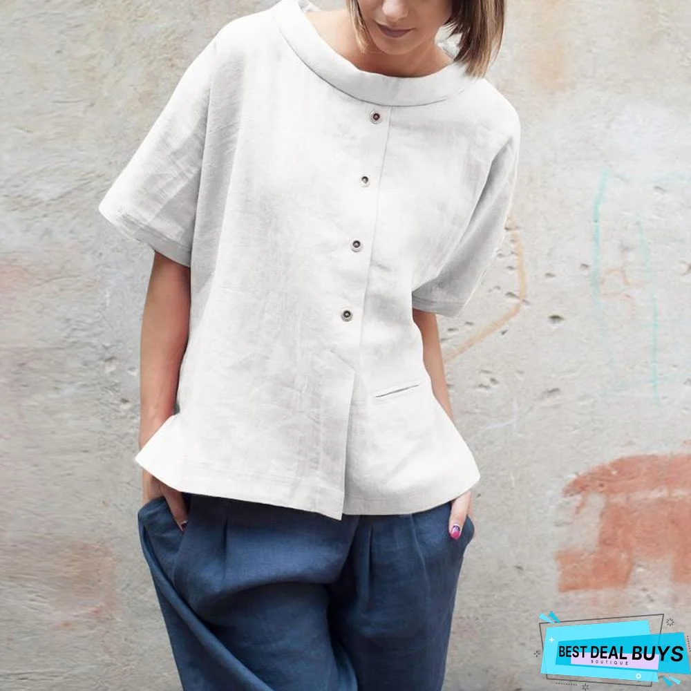 Oversized Vintage Cotton Tops Women Blouses Short Sleeve Buttons Casual Shirts Pockets Loose Tops