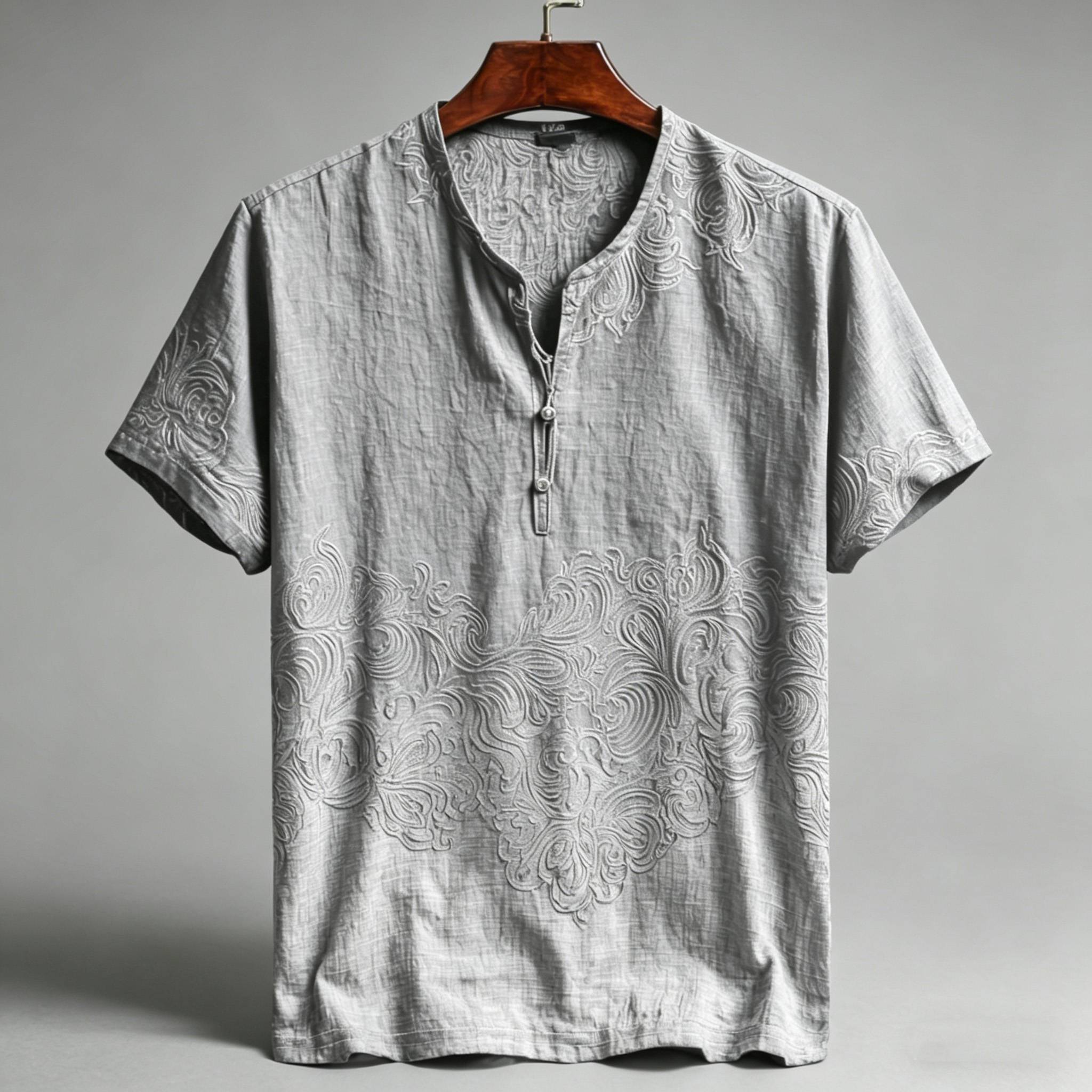 Comstylish Men's Polo Collar Retro Print Cotton Linen T-shirt