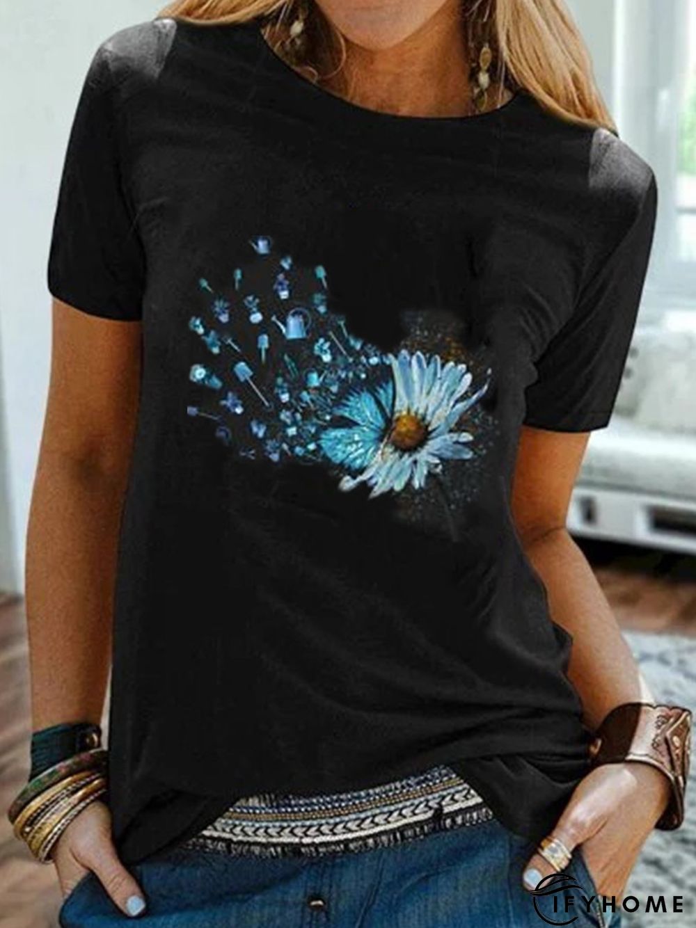 Vintage Short Sleeve Statement Daisy Printed Crew Neck Plus Size Casual Tops | IFYHOME