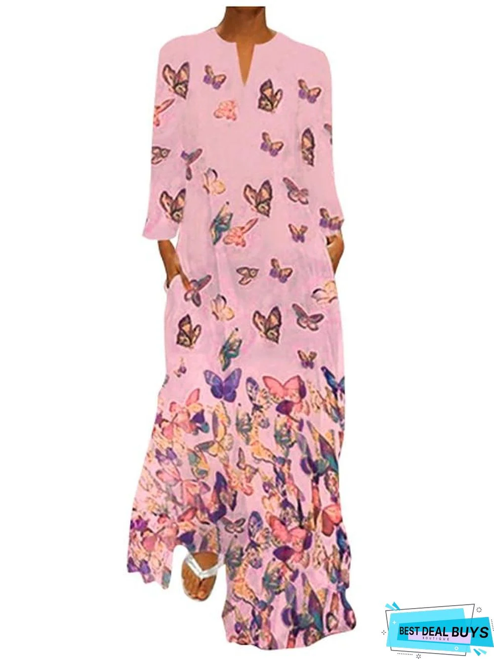 Women's Shift Dress Maxi Long Dress - Long Sleeve Butterfly Spring Fall Hot Loose White Yellow Blushing Pink Light Blue